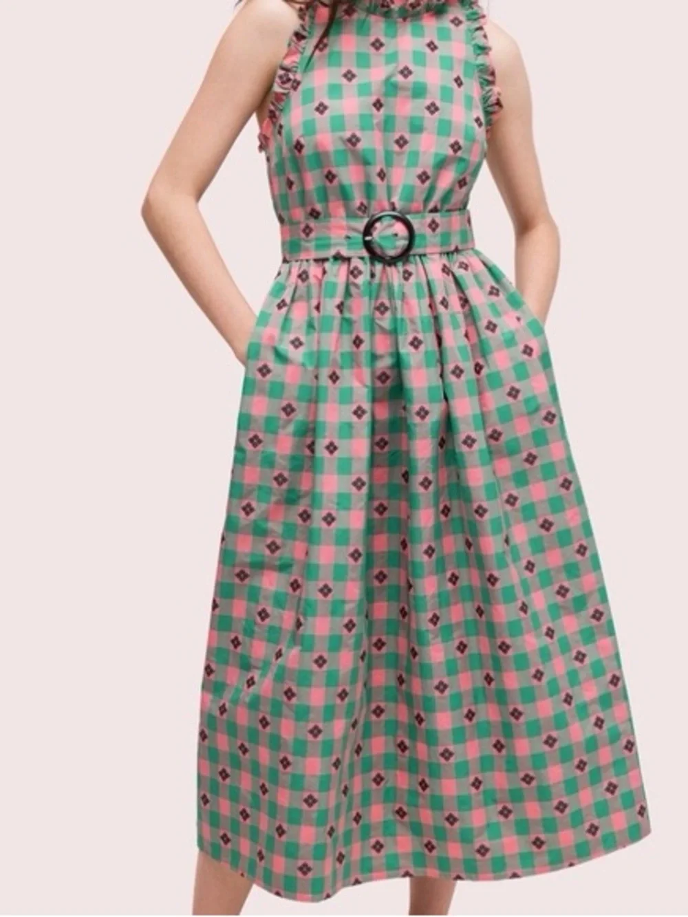 kate spade Green and Pink Gingham Belted Midi Dress RUNS LARGE